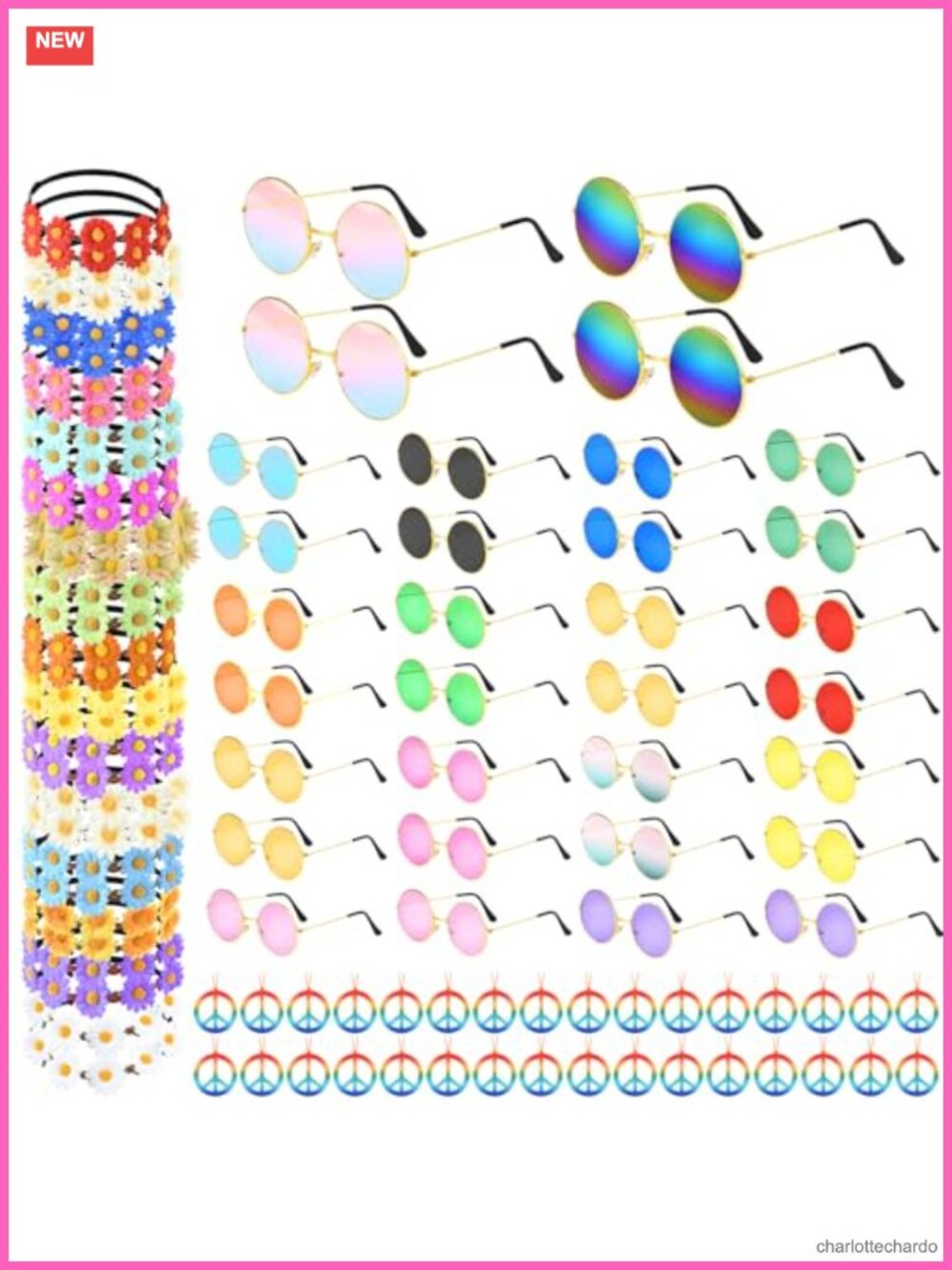 96 Pc Hippie Costume Accessory Set Flower Headbands Sunglasses Necklaces Party